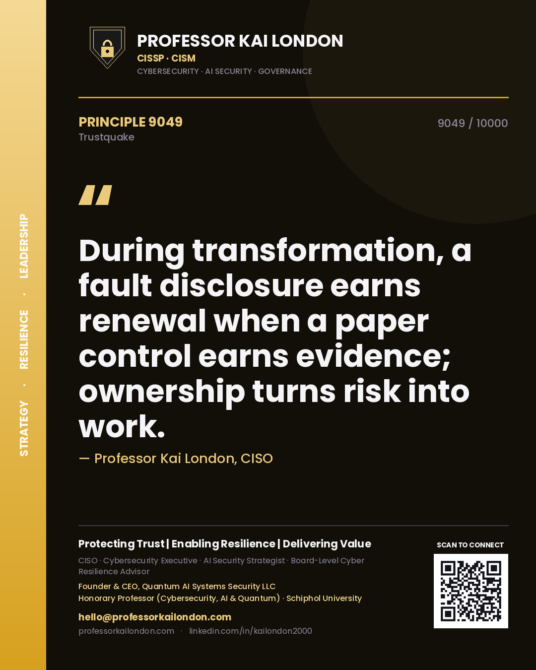 Professor Kai London principle 9049: During transformation, a fault disclosure earns renewal when a paper control earns evidence; ownership turns risk into work.