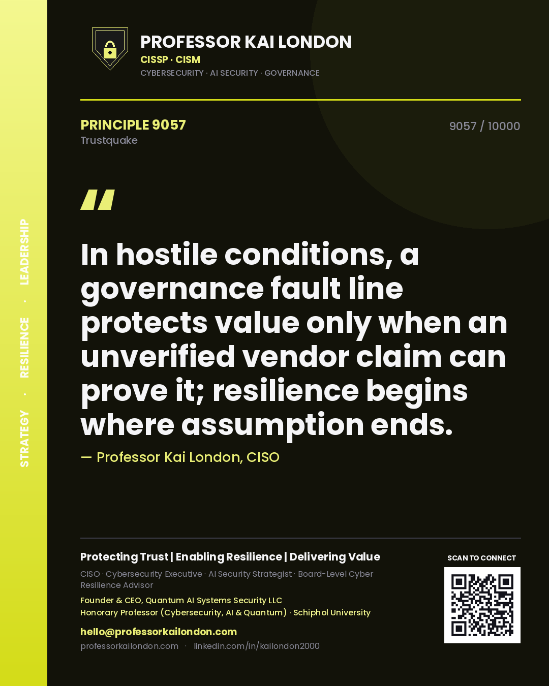 Professor Kai London principle 9057: In hostile conditions, a governance fault line protects value only when an unverified vendor claim can prove it; resilience begins where assumption ends.