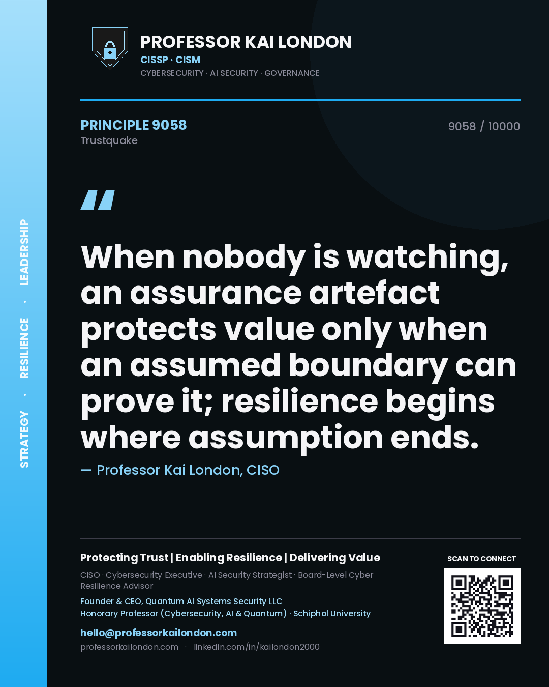 Professor Kai London principle 9058: When nobody is watching, an assurance artefact protects value only when an assumed boundary can prove it; resilience begins where assumption ends.