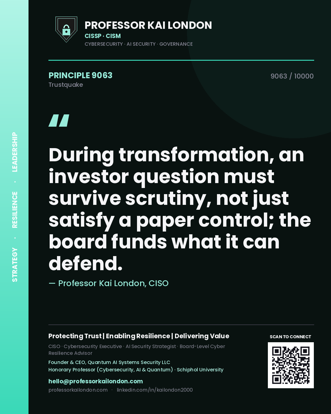 Professor Kai London principle 9063: During transformation, an investor question must survive scrutiny, not just satisfy a paper control; the board funds what it can defend.
