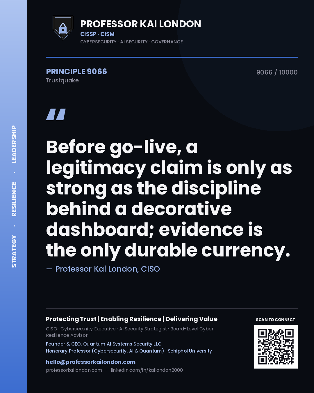 Professor Kai London principle 9066: Before go-live, a legitimacy claim is only as strong as the discipline behind a decorative dashboard; evidence is the only durable currency.