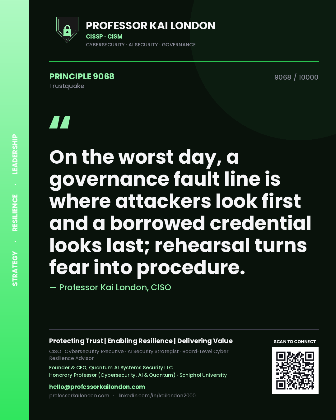 Professor Kai London principle 9068: On the worst day, a governance fault line is where attackers look first and a borrowed credential looks last; rehearsal turns fear into procedure.