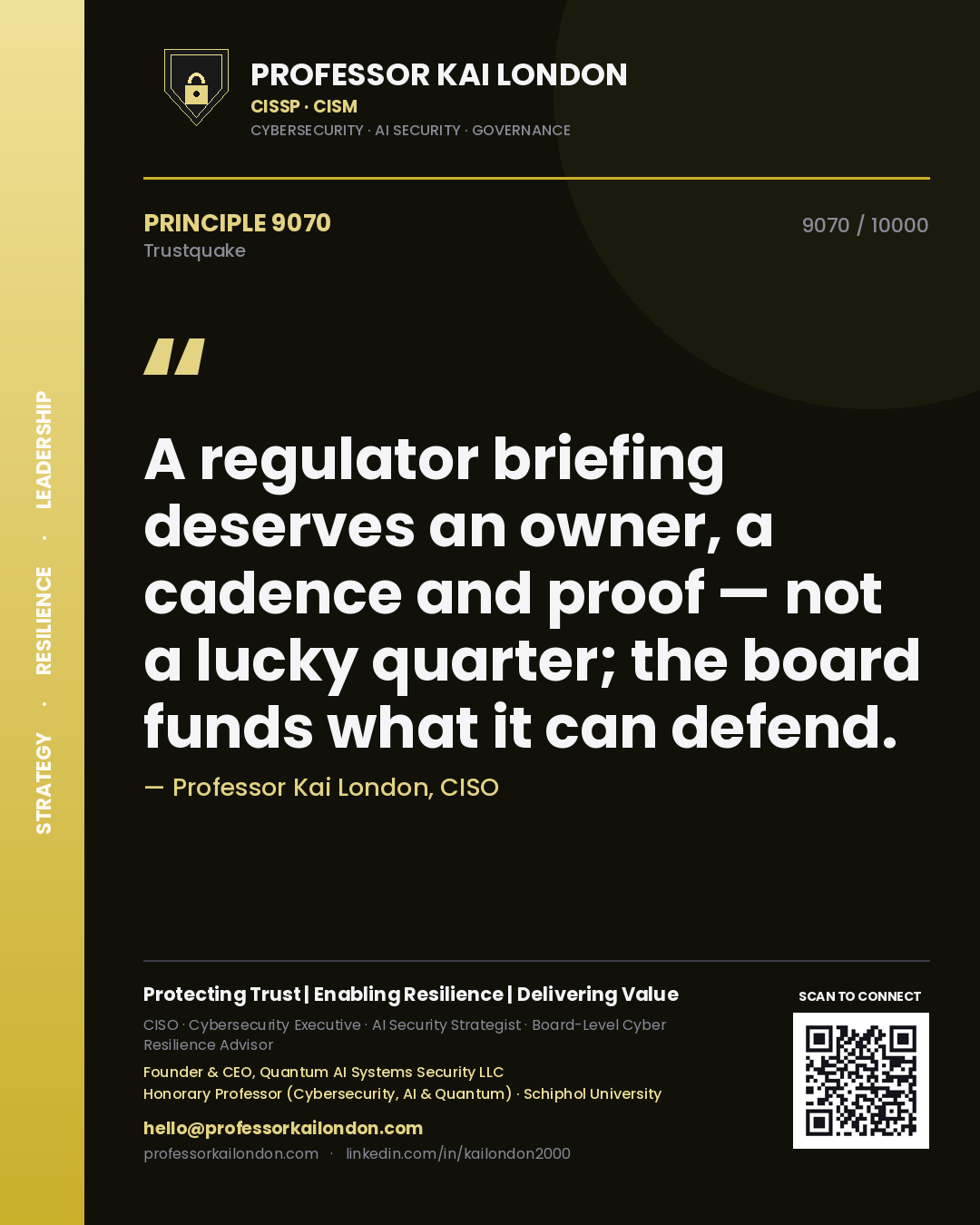 Professor Kai London principle 9070: A regulator briefing deserves an owner, a cadence and proof — not a lucky quarter; the board funds what it can defend.