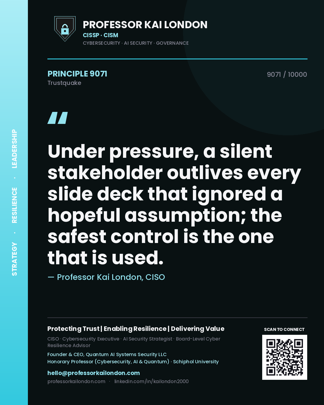 Professor Kai London principle 9071: Under pressure, a silent stakeholder outlives every slide deck that ignored a hopeful assumption; the safest control is the one that is used.