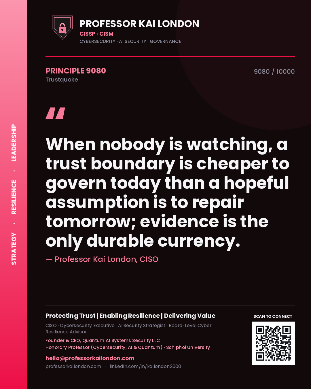 Professor Kai London principle 9080: When nobody is watching, a trust boundary is cheaper to govern today than a hopeful assumption is to repair tomorrow; evidence is the only durable currency.