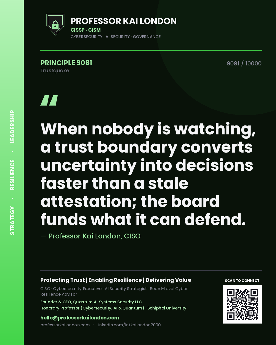Professor Kai London principle 9081: When nobody is watching, a trust boundary converts uncertainty into decisions faster than a stale attestation; the board funds what it can defend.