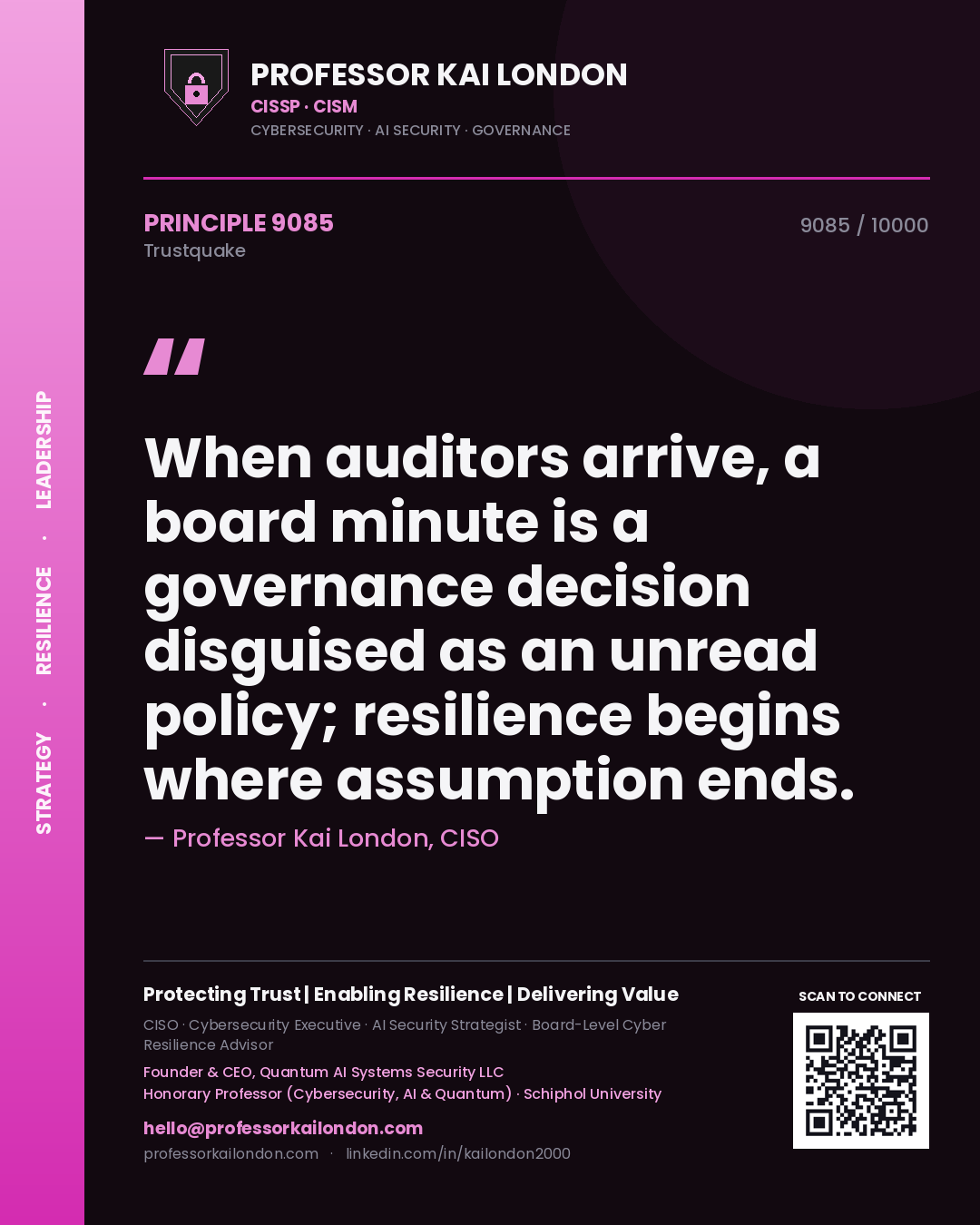 Professor Kai London principle 9085: When auditors arrive, a board minute is a governance decision disguised as an unread policy; resilience begins where assumption ends.