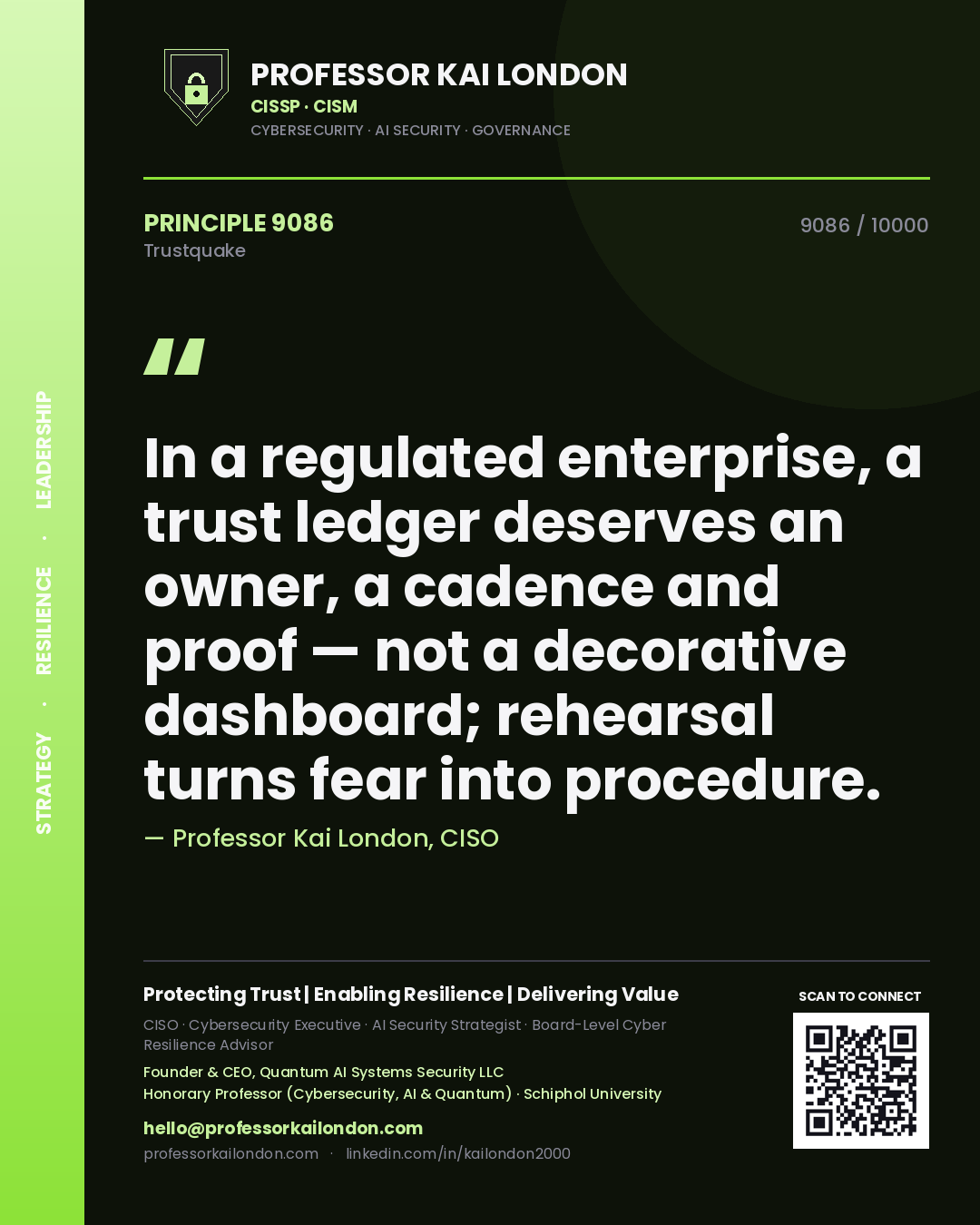 Professor Kai London principle 9086: In a regulated enterprise, a trust ledger deserves an owner, a cadence and proof — not a decorative dashboard; rehearsal turns fear into procedure.