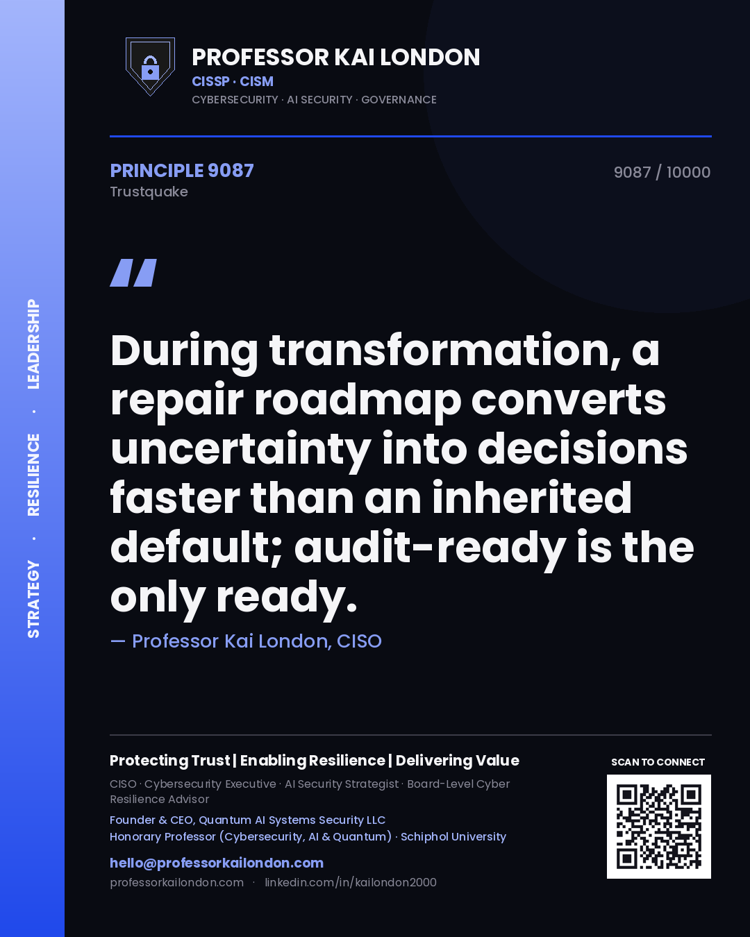 Professor Kai London principle 9087: During transformation, a repair roadmap converts uncertainty into decisions faster than an inherited default; audit-ready is the only ready.