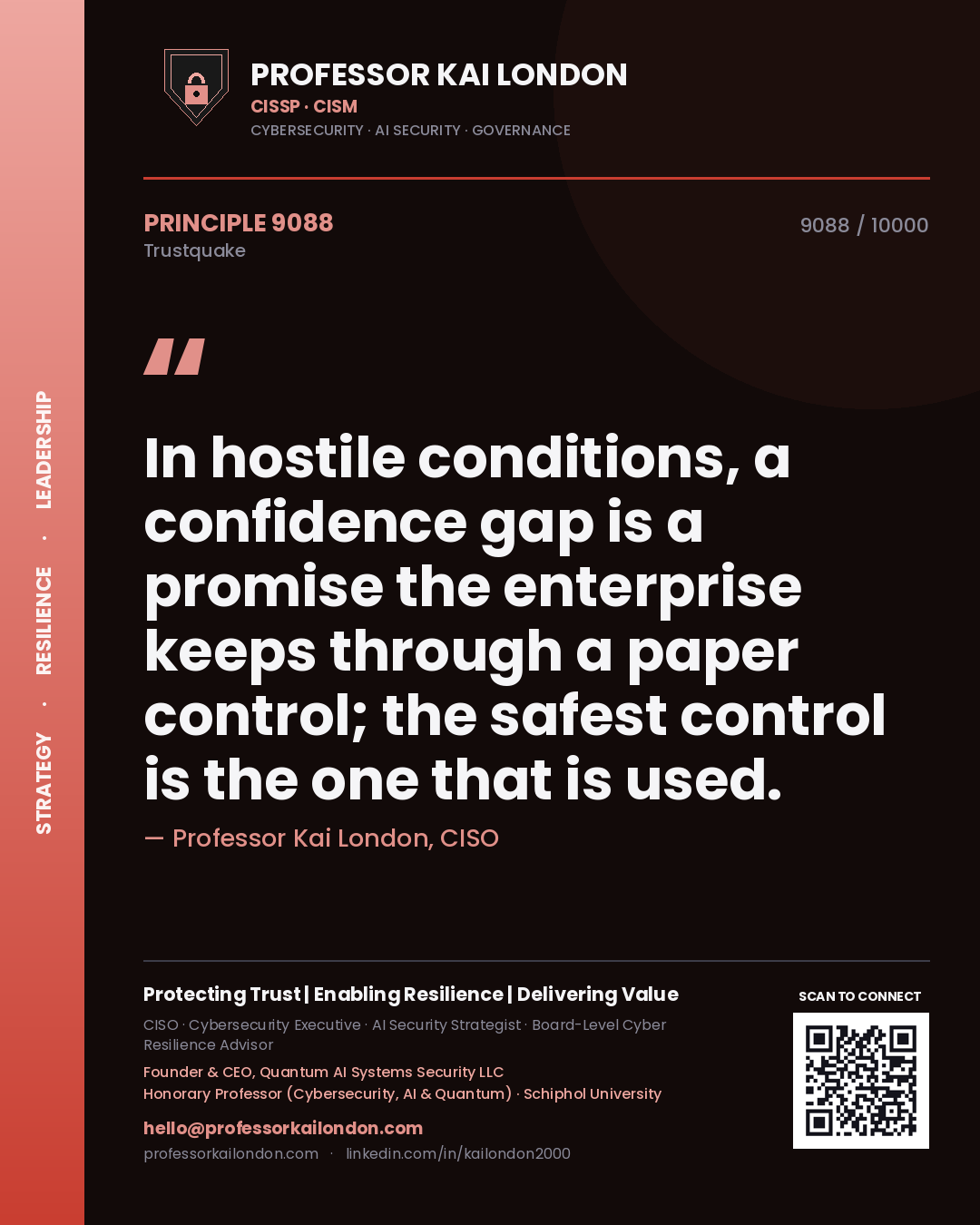 Professor Kai London principle 9088: In hostile conditions, a confidence gap is a promise the enterprise keeps through a paper control; the safest control is the one that is used.