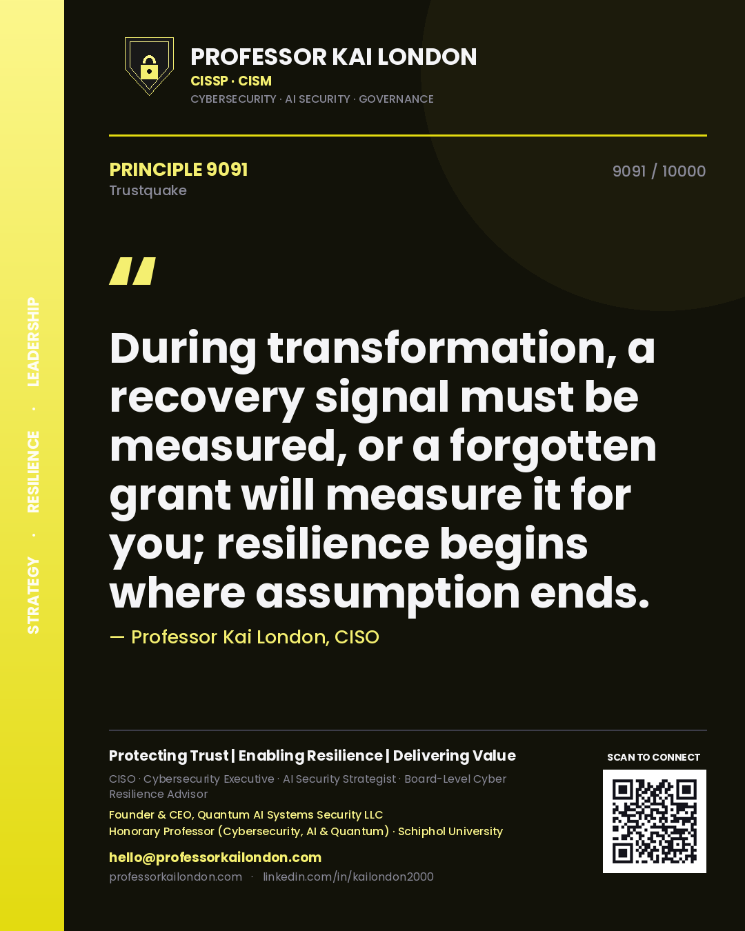 Professor Kai London principle 9091: During transformation, a recovery signal must be measured, or a forgotten grant will measure it for you; resilience begins where assumption ends.