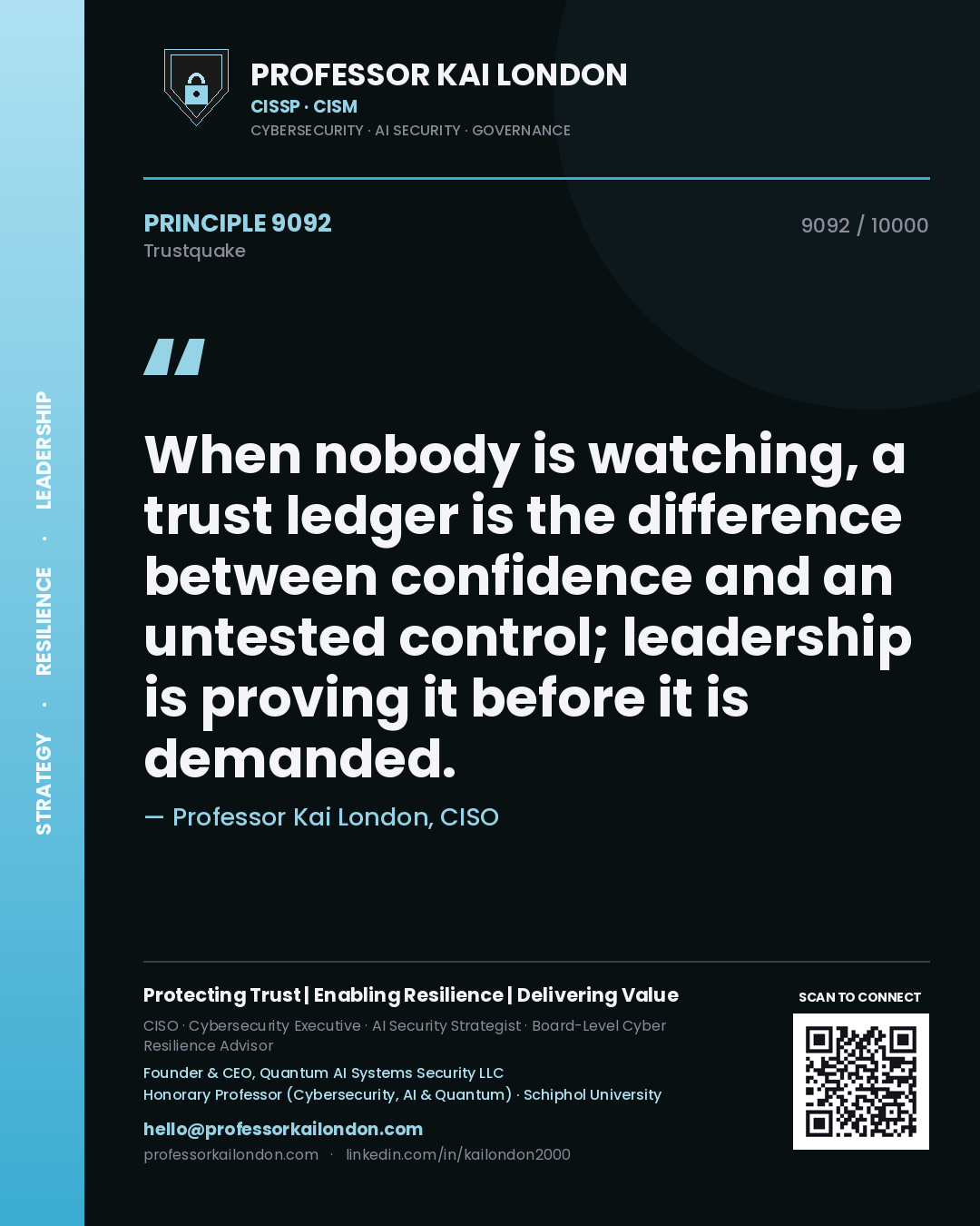 Professor Kai London principle 9092: When nobody is watching, a trust ledger is the difference between confidence and an untested control; leadership is proving it before it is demanded.
