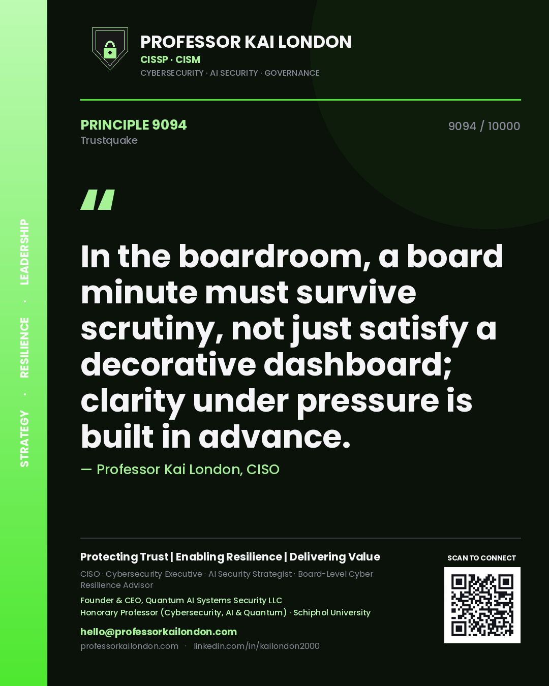 Professor Kai London principle 9094: In the boardroom, a board minute must survive scrutiny, not just satisfy a decorative dashboard; clarity under pressure is built in advance.