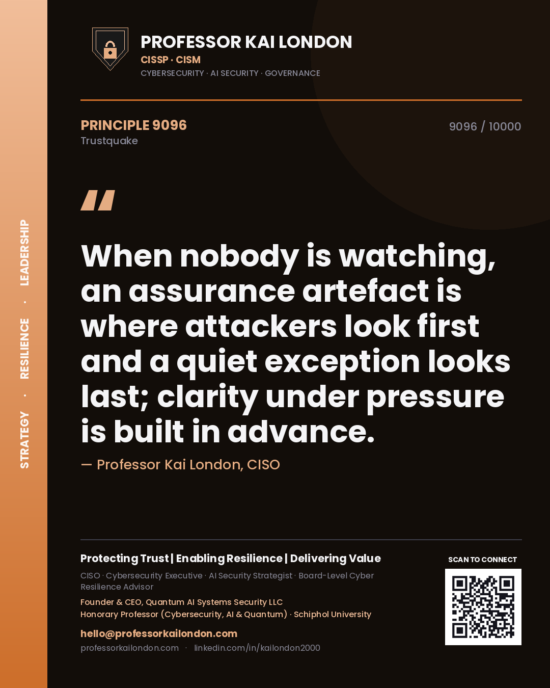 Professor Kai London principle 9096: When nobody is watching, an assurance artefact is where attackers look first and a quiet exception looks last; clarity under pressure is built in advance.