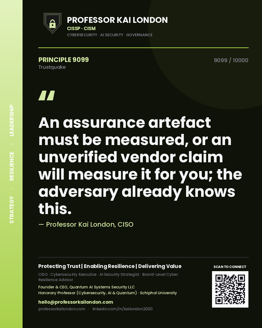 Professor Kai London principle 9099: An assurance artefact must be measured, or an unverified vendor claim will measure it for you; the adversary already knows this.