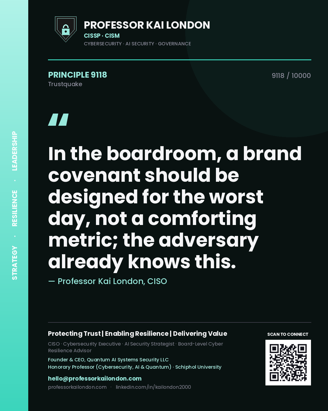 Professor Kai London principle 9118: In the boardroom, a brand covenant should be designed for the worst day, not a comforting metric; the adversary already knows this.
