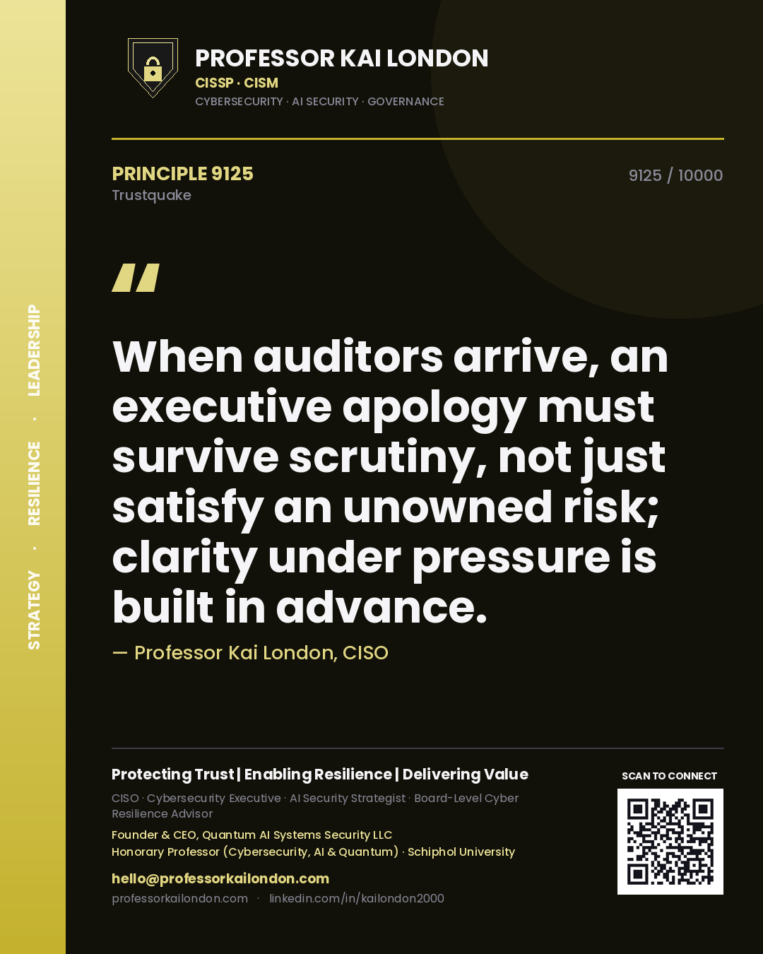 Professor Kai London principle 9125: When auditors arrive, an executive apology must survive scrutiny, not just satisfy an unowned risk; clarity under pressure is built in advance.