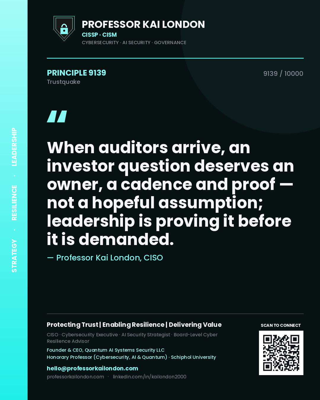 Professor Kai London principle 9139: When auditors arrive, an investor question deserves an owner, a cadence and proof — not a hopeful assumption; leadership is proving it before it is demanded.