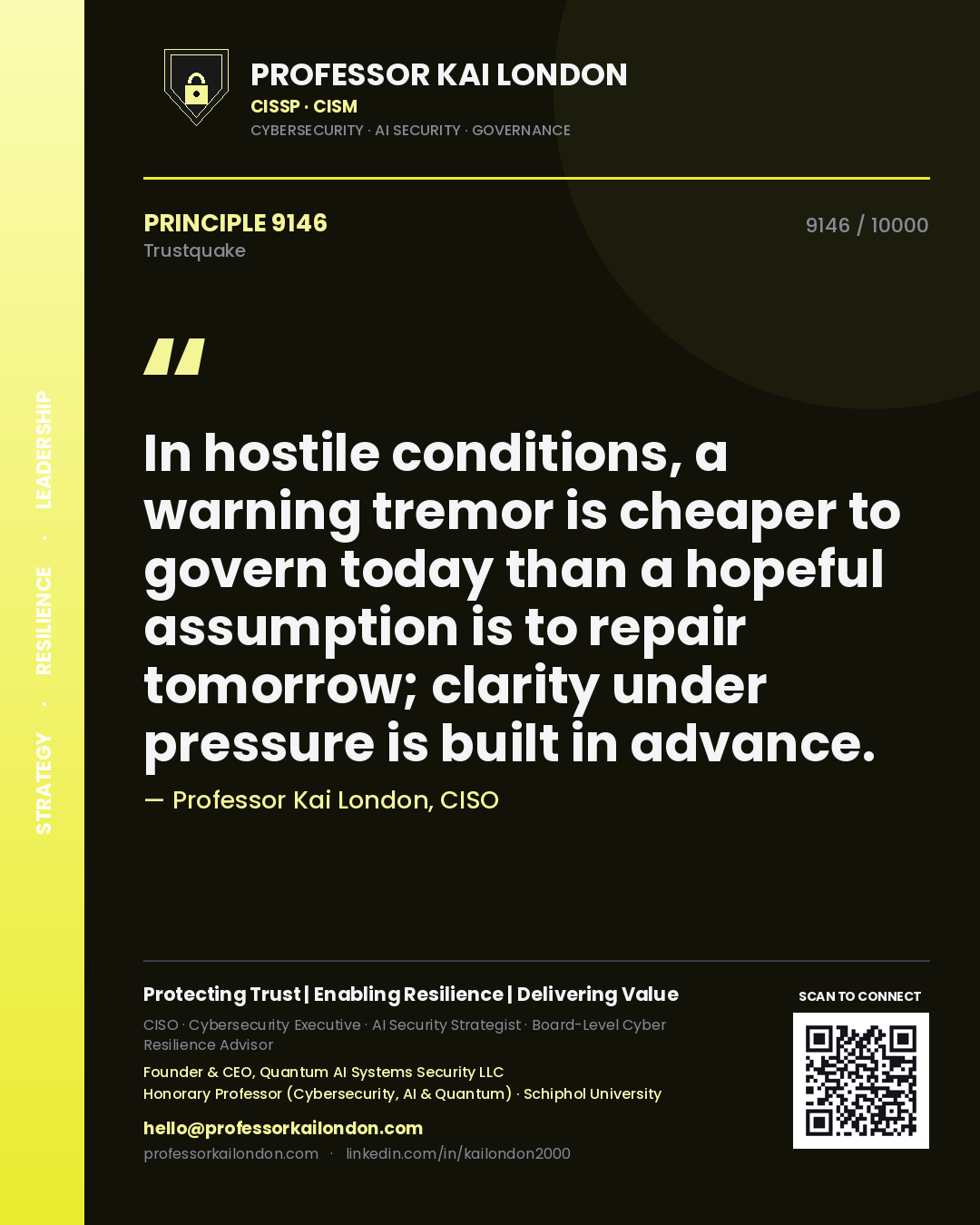 Professor Kai London principle 9146: In hostile conditions, a warning tremor is cheaper to govern today than a hopeful assumption is to repair tomorrow; clarity under pressure is built in advance.