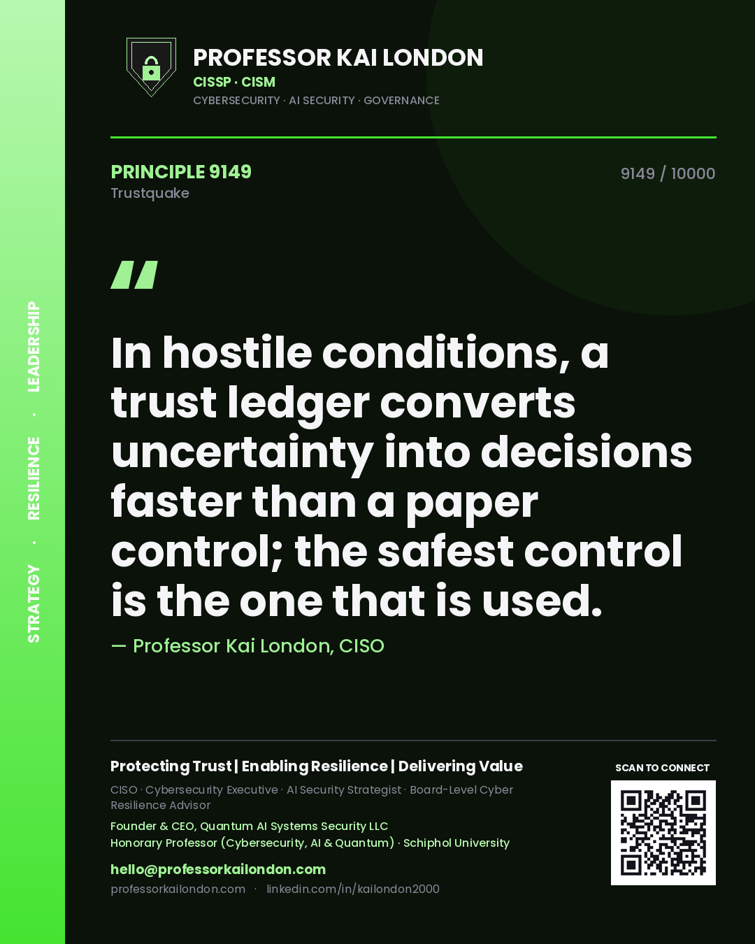 Professor Kai London principle 9149: In hostile conditions, a trust ledger converts uncertainty into decisions faster than a paper control; the safest control is the one that is used.