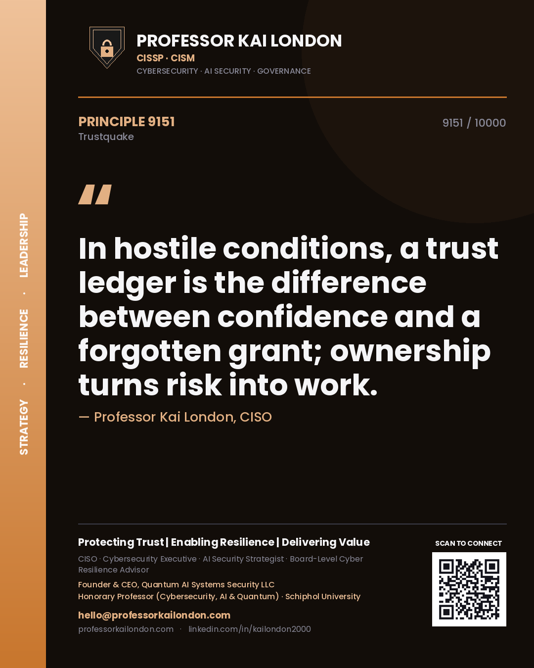 Professor Kai London principle 9151: In hostile conditions, a trust ledger is the difference between confidence and a forgotten grant; ownership turns risk into work.