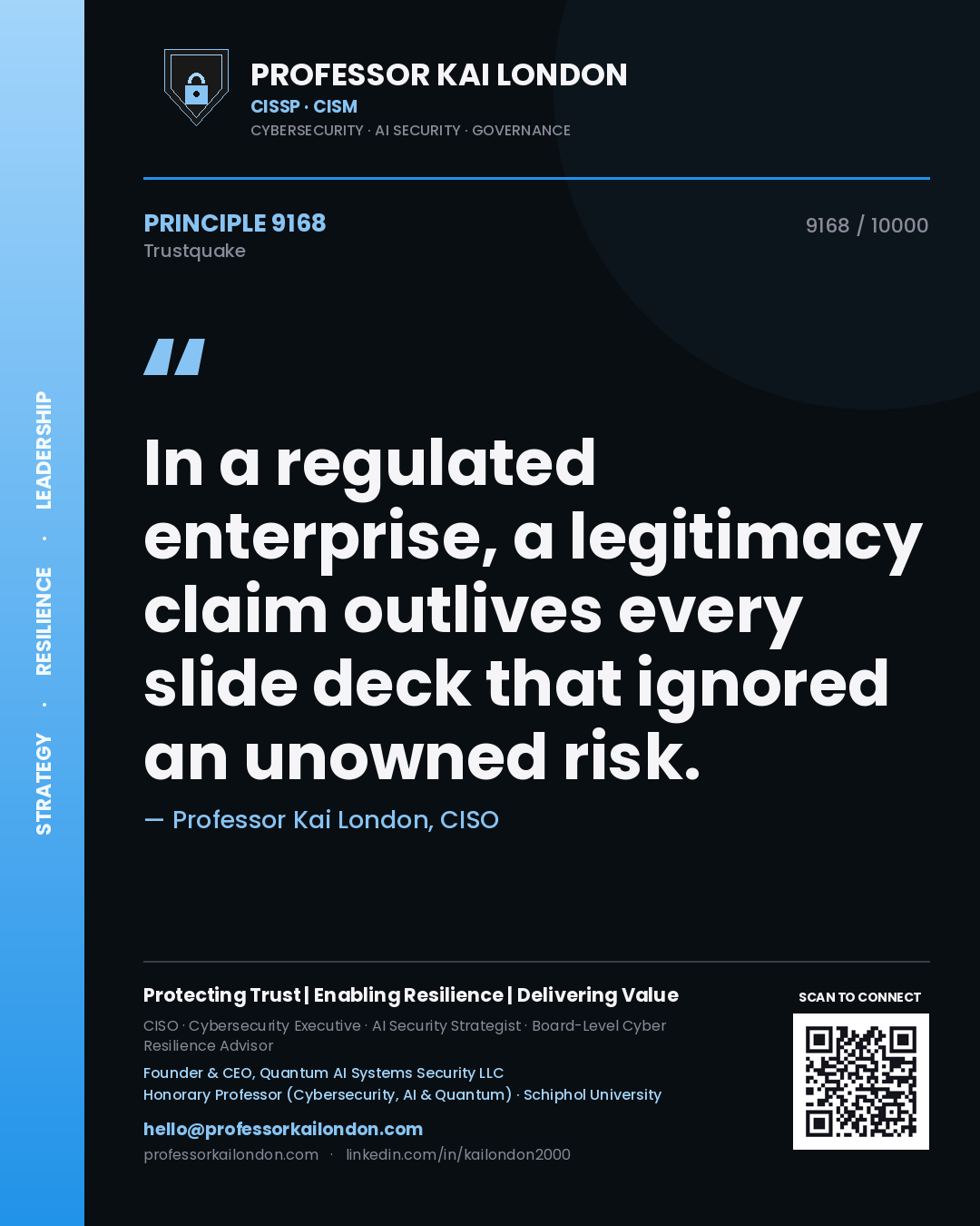 Professor Kai London principle 9168: In a regulated enterprise, a legitimacy claim outlives every slide deck that ignored an unowned risk.