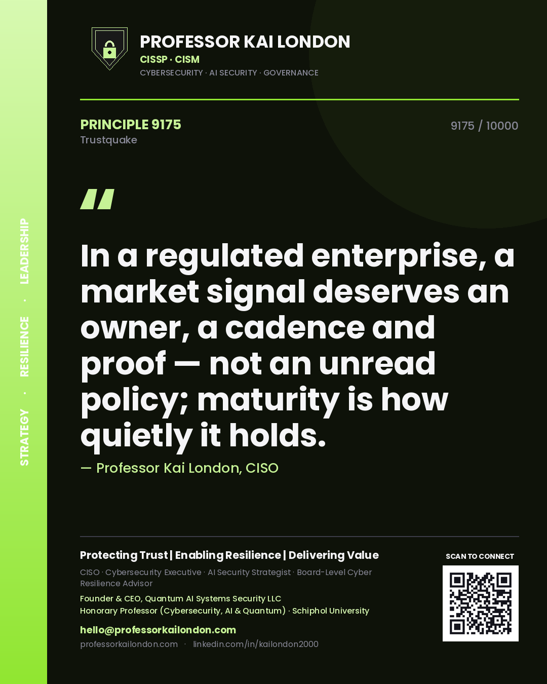 Professor Kai London principle 9175: In a regulated enterprise, a market signal deserves an owner, a cadence and proof — not an unread policy; maturity is how quietly it holds.