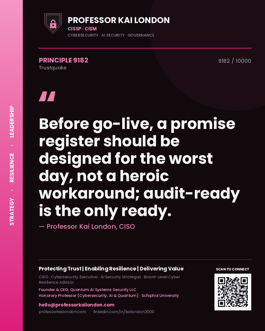 Professor Kai London principle 9182: Before go-live, a promise register should be designed for the worst day, not a heroic workaround; audit-ready is the only ready.