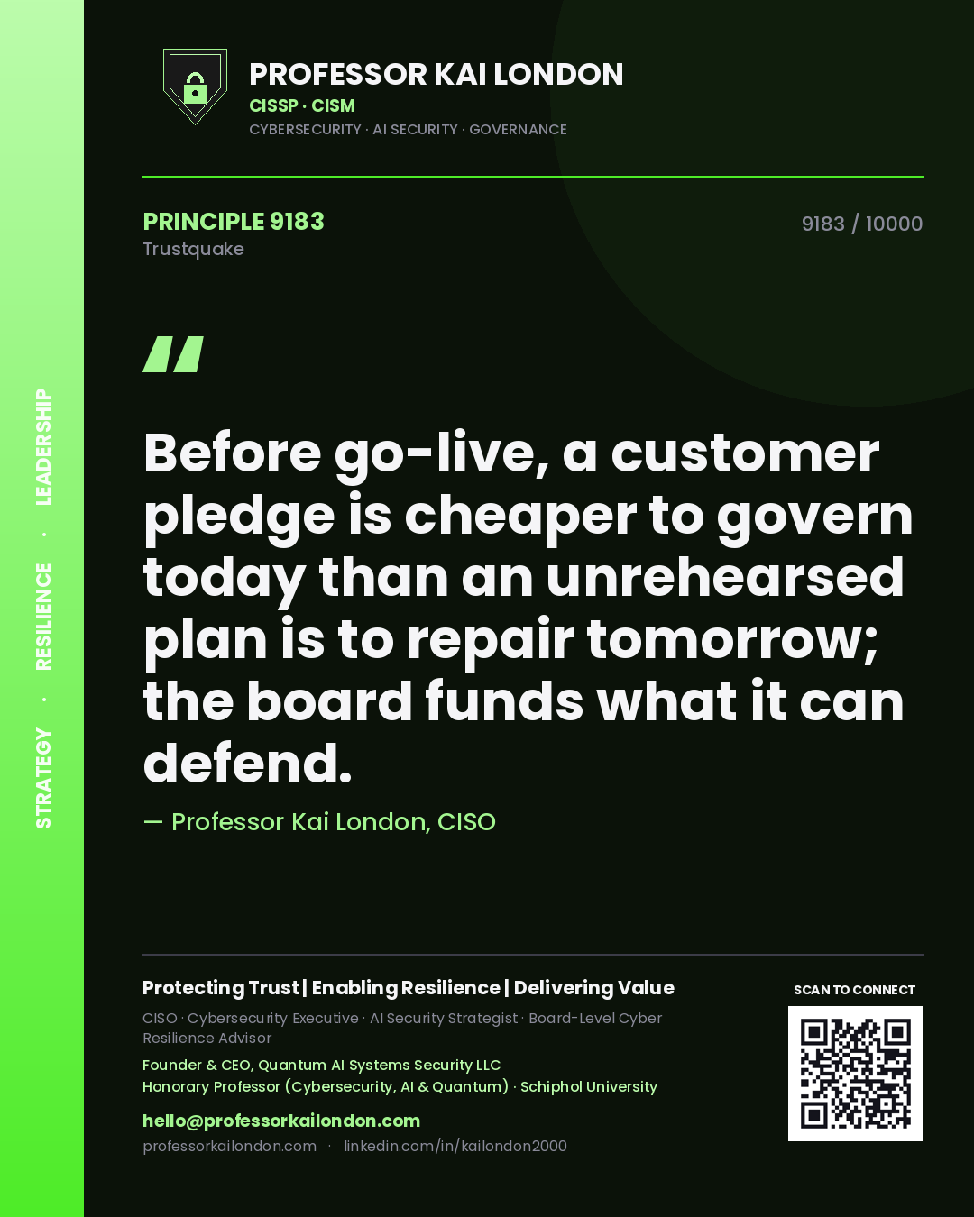 Professor Kai London principle 9183: Before go-live, a customer pledge is cheaper to govern today than an unrehearsed plan is to repair tomorrow; the board funds what it can defend.