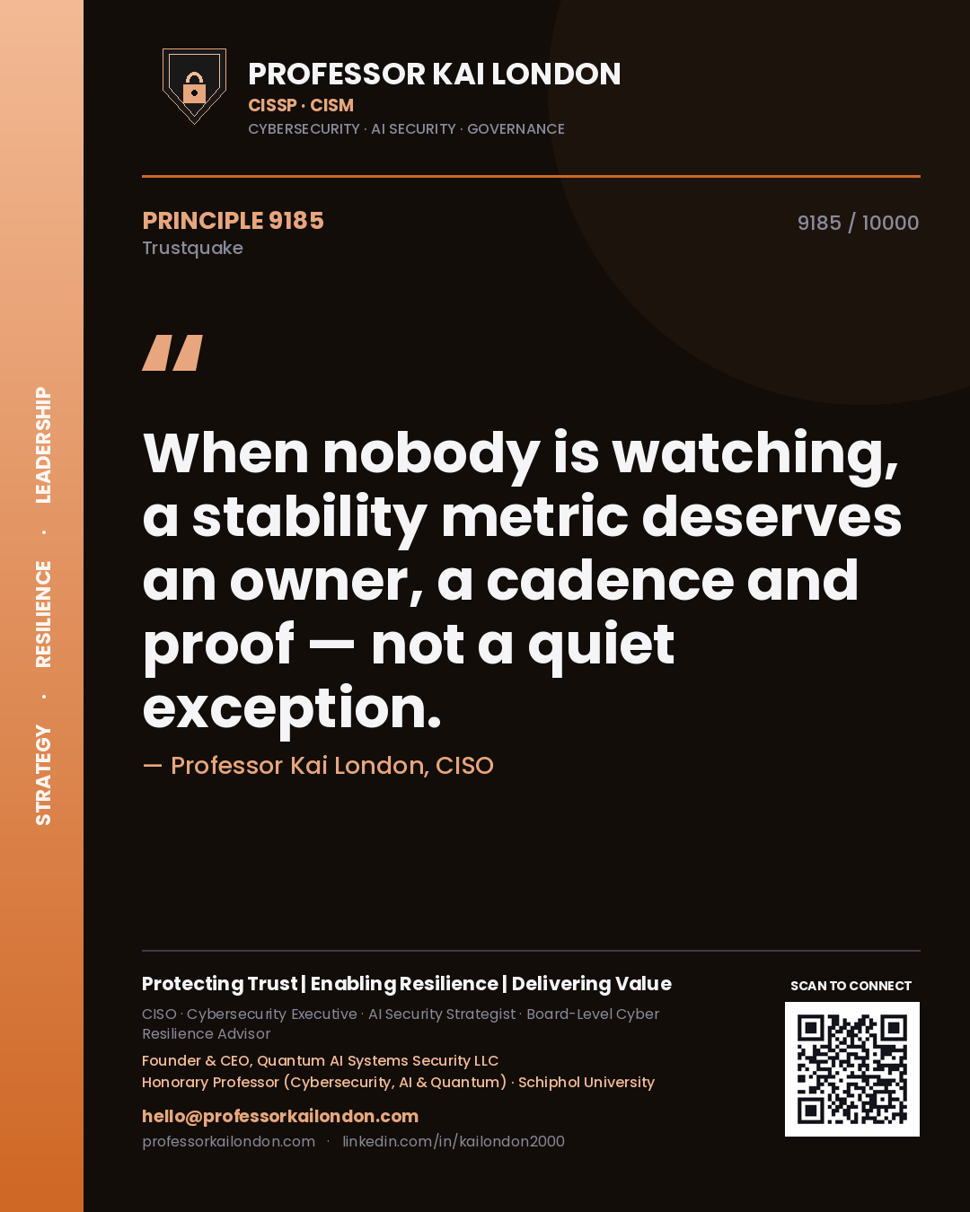 Professor Kai London principle 9185: When nobody is watching, a stability metric deserves an owner, a cadence and proof — not a quiet exception.