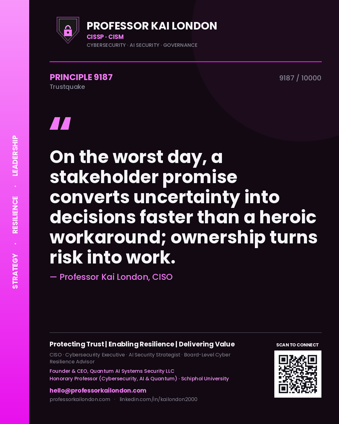 Professor Kai London principle 9187: On the worst day, a stakeholder promise converts uncertainty into decisions faster than a heroic workaround; ownership turns risk into work.