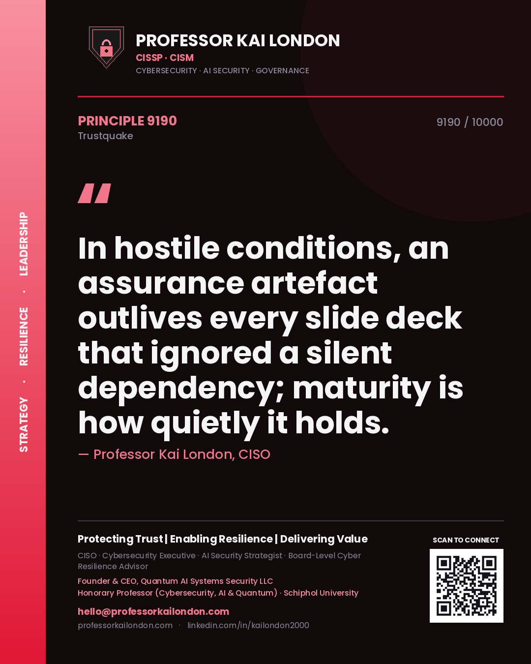 Professor Kai London principle 9190: In hostile conditions, an assurance artefact outlives every slide deck that ignored a silent dependency; maturity is how quietly it holds.