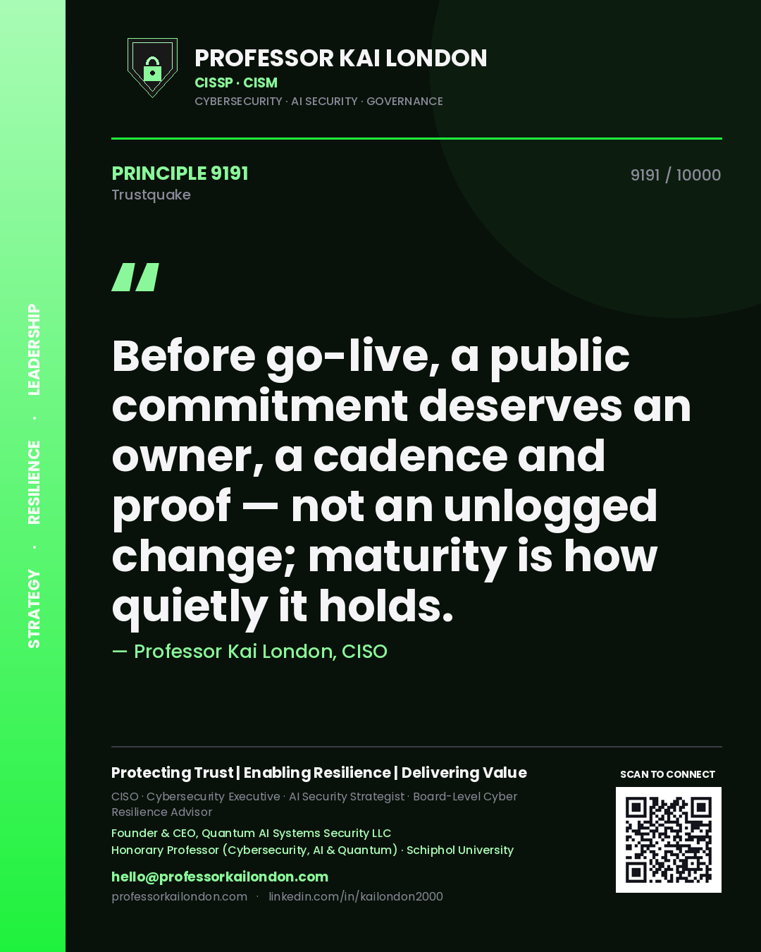 Professor Kai London principle 9191: Before go-live, a public commitment deserves an owner, a cadence and proof — not an unlogged change; maturity is how quietly it holds.