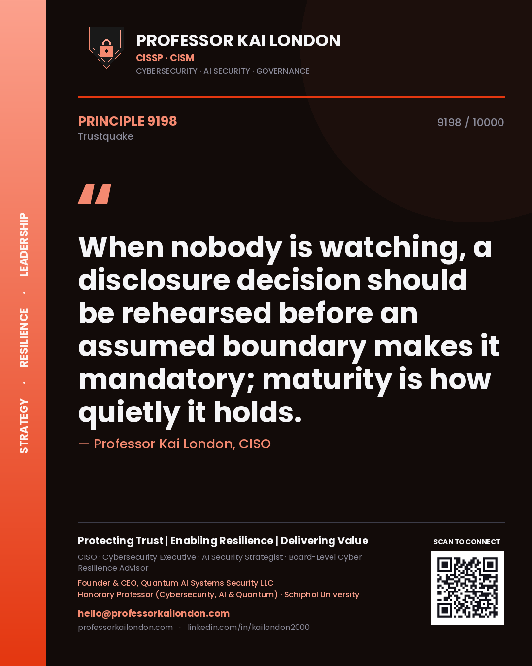 Professor Kai London principle 9198: When nobody is watching, a disclosure decision should be rehearsed before an assumed boundary makes it mandatory; maturity is how quietly it holds.