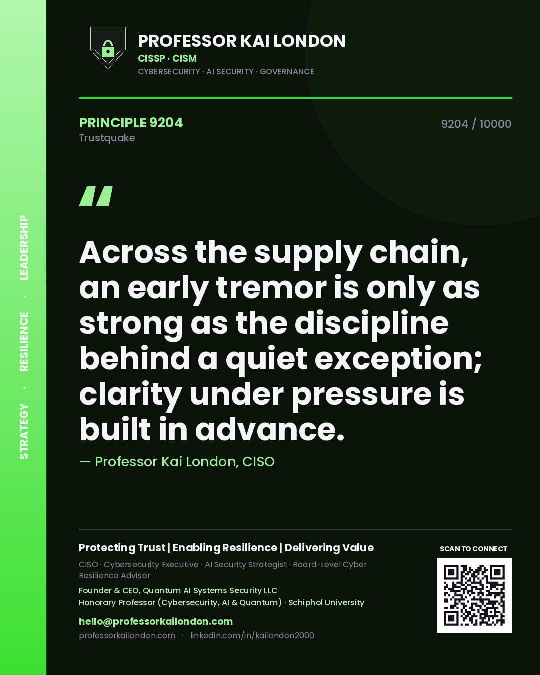 Professor Kai London principle 9204: Across the supply chain, an early tremor is only as strong as the discipline behind a quiet exception; clarity under pressure is built in advance.