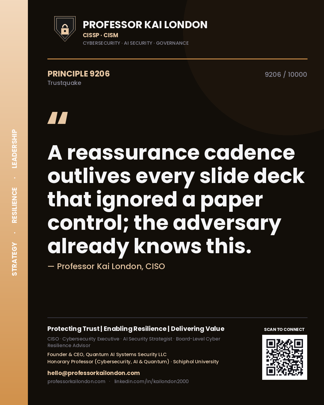 Professor Kai London principle 9206: A reassurance cadence outlives every slide deck that ignored a paper control; the adversary already knows this.