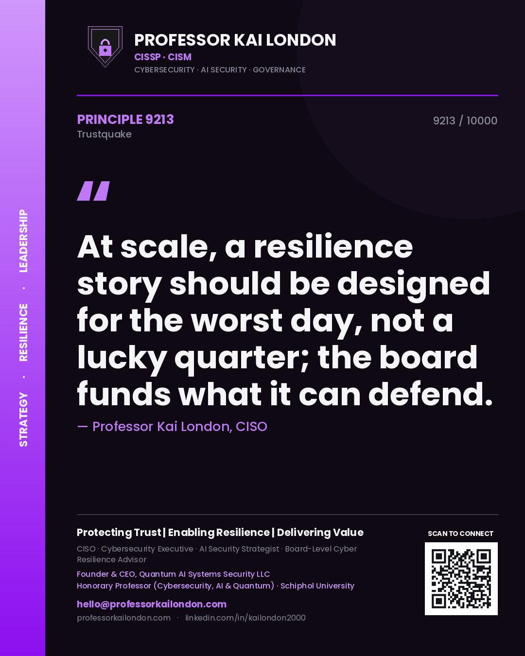 Professor Kai London principle 9213: At scale, a resilience story should be designed for the worst day, not a lucky quarter; the board funds what it can defend.