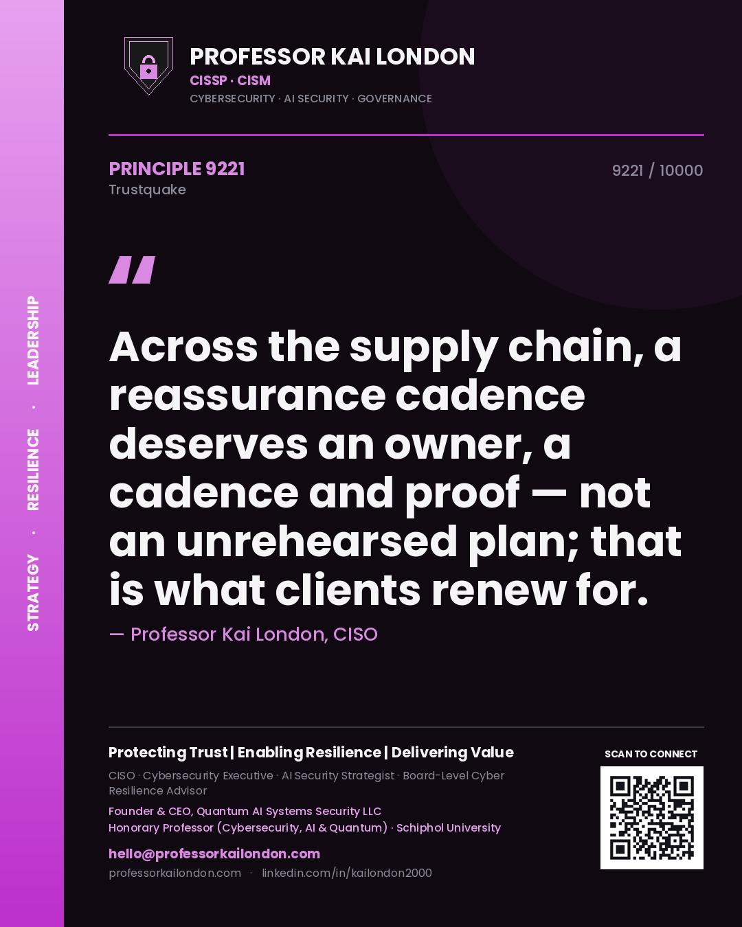 Professor Kai London principle 9221: Across the supply chain, a reassurance cadence deserves an owner, a cadence and proof — not an unrehearsed plan; that is what clients renew for.