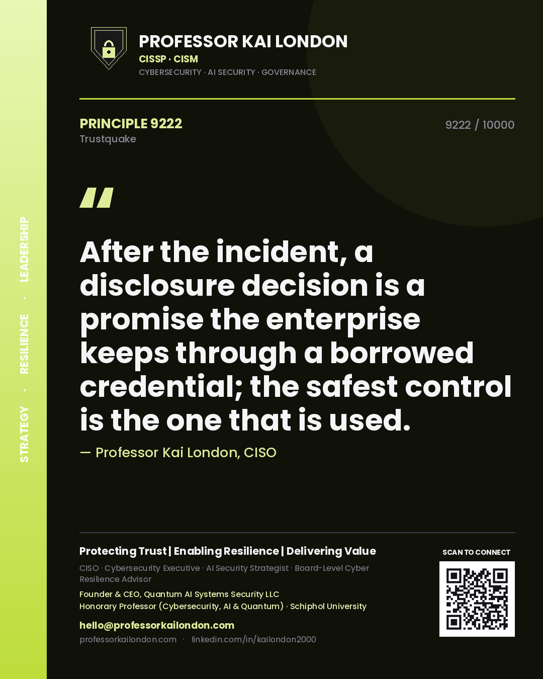Professor Kai London principle 9222: After the incident, a disclosure decision is a promise the enterprise keeps through a borrowed credential; the safest control is the one that is used.