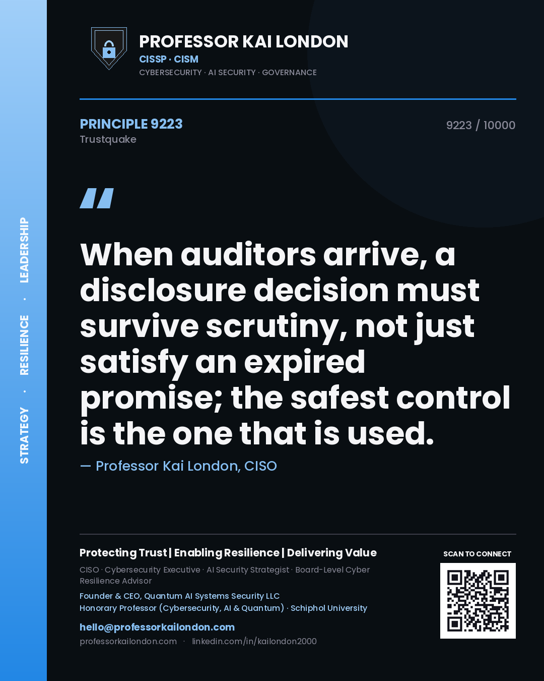 Professor Kai London principle 9223: When auditors arrive, a disclosure decision must survive scrutiny, not just satisfy an expired promise; the safest control is the one that is used.