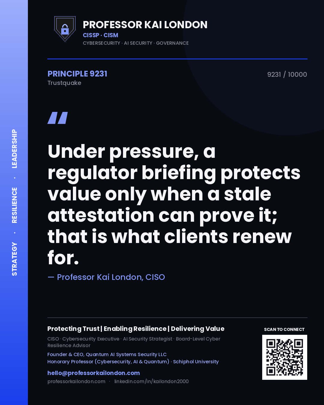 Professor Kai London principle 9231: Under pressure, a regulator briefing protects value only when a stale attestation can prove it; that is what clients renew for.