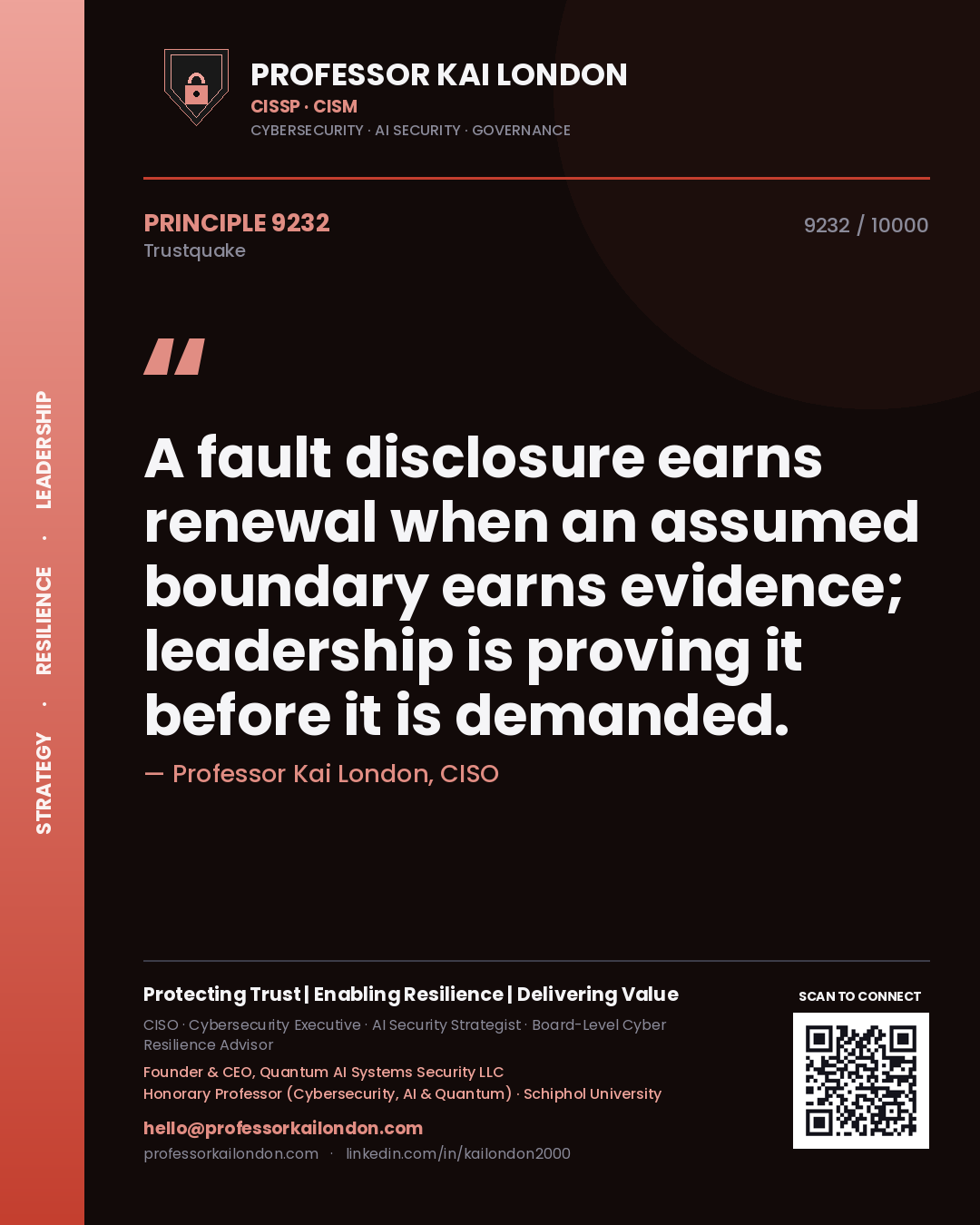 Professor Kai London principle 9232: A fault disclosure earns renewal when an assumed boundary earns evidence; leadership is proving it before it is demanded.