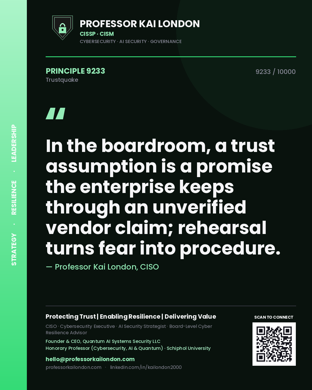 Professor Kai London principle 9233: In the boardroom, a trust assumption is a promise the enterprise keeps through an unverified vendor claim; rehearsal turns fear into procedure.