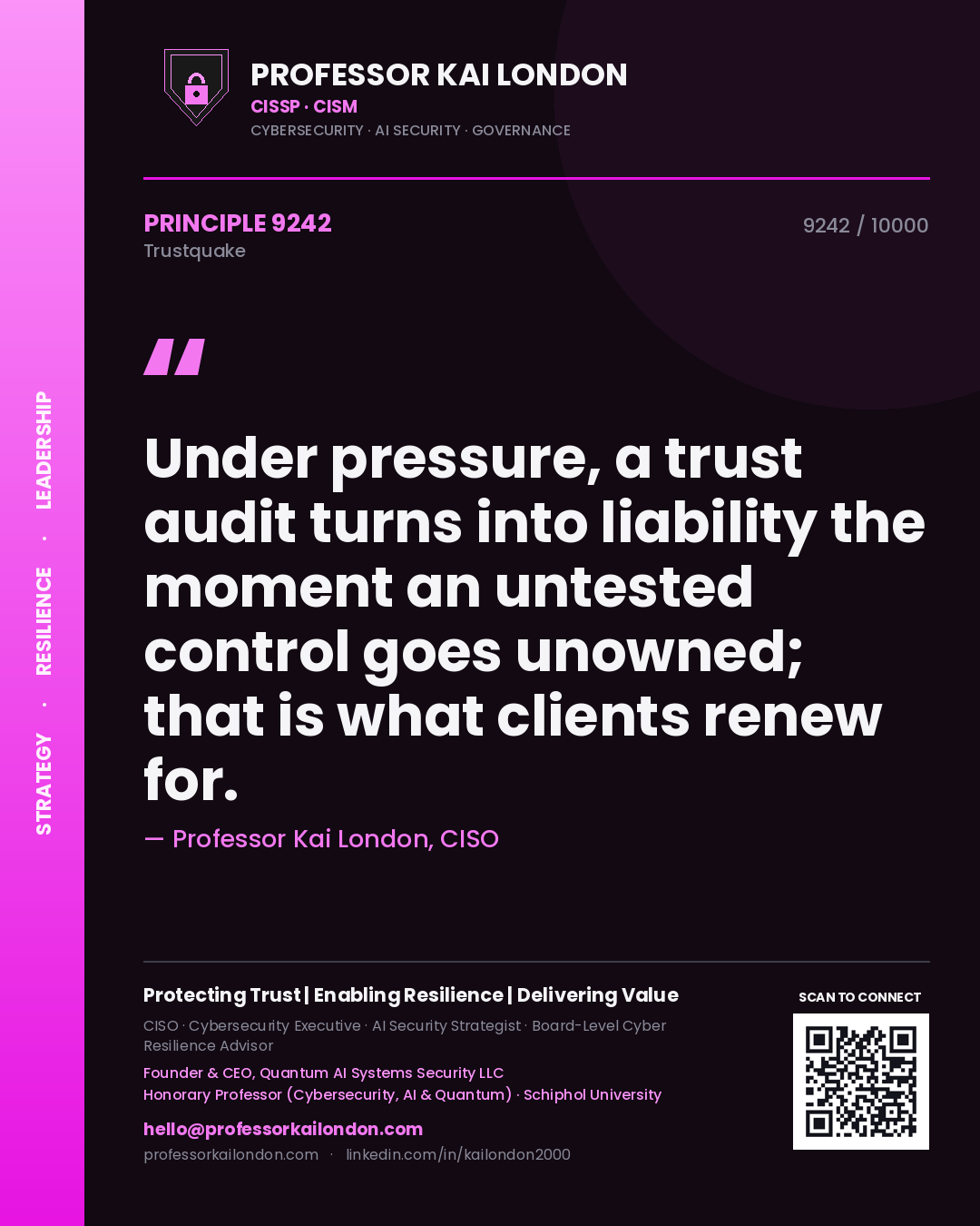 Professor Kai London principle 9242: Under pressure, a trust audit turns into liability the moment an untested control goes unowned; that is what clients renew for.