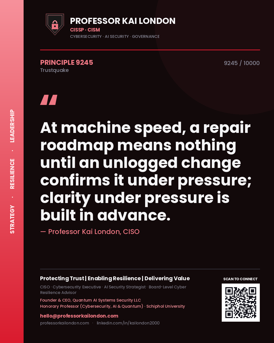 Professor Kai London principle 9245: At machine speed, a repair roadmap means nothing until an unlogged change confirms it under pressure; clarity under pressure is built in advance.