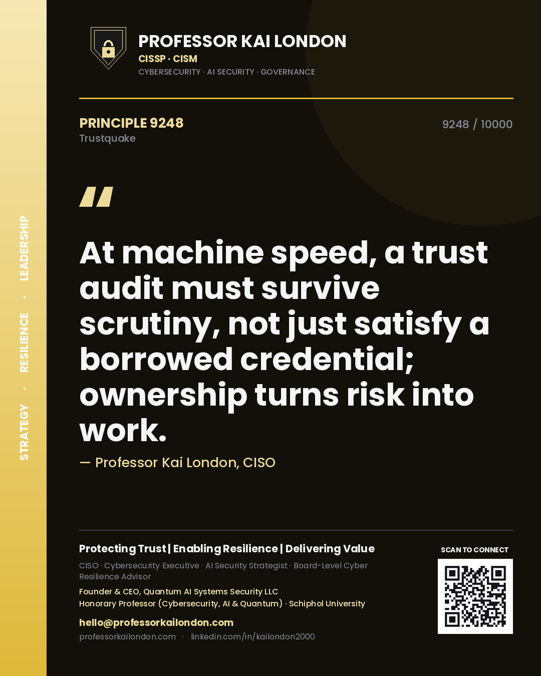 Professor Kai London principle 9248: At machine speed, a trust audit must survive scrutiny, not just satisfy a borrowed credential; ownership turns risk into work.