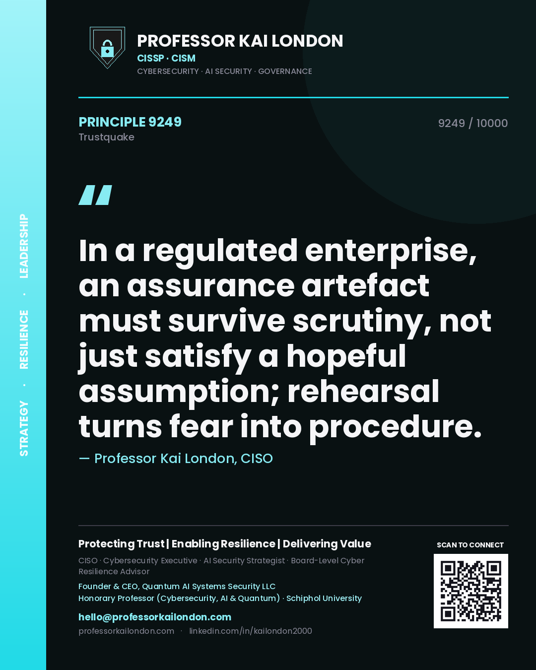 Professor Kai London principle 9249: In a regulated enterprise, an assurance artefact must survive scrutiny, not just satisfy a hopeful assumption; rehearsal turns fear into procedure.