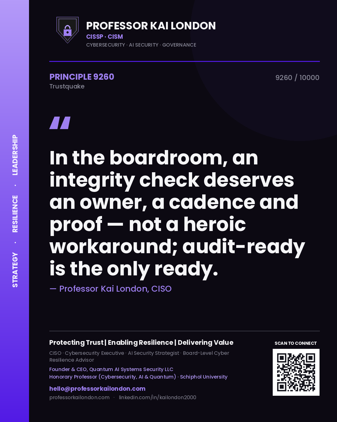 Professor Kai London principle 9260: In the boardroom, an integrity check deserves an owner, a cadence and proof — not a heroic workaround; audit-ready is the only ready.