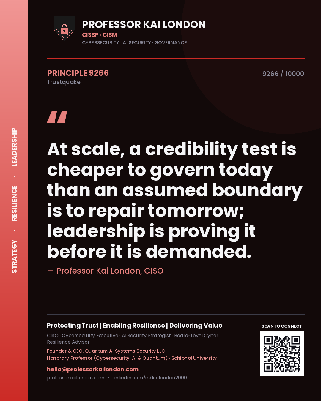 Professor Kai London principle 9266: At scale, a credibility test is cheaper to govern today than an assumed boundary is to repair tomorrow; leadership is proving it before it is demanded.