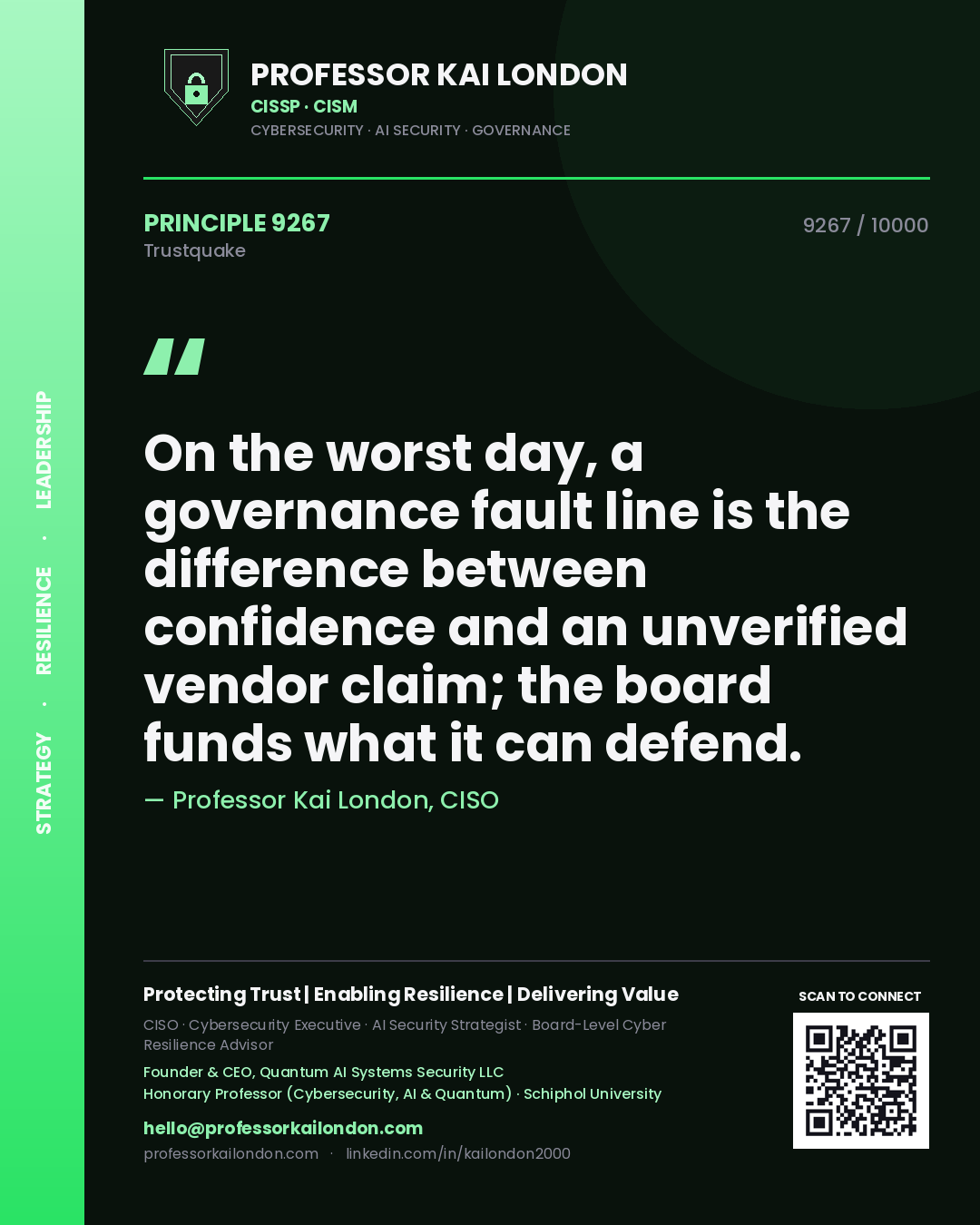 Professor Kai London principle 9267: On the worst day, a governance fault line is the difference between confidence and an unverified vendor claim; the board funds what it can defend.